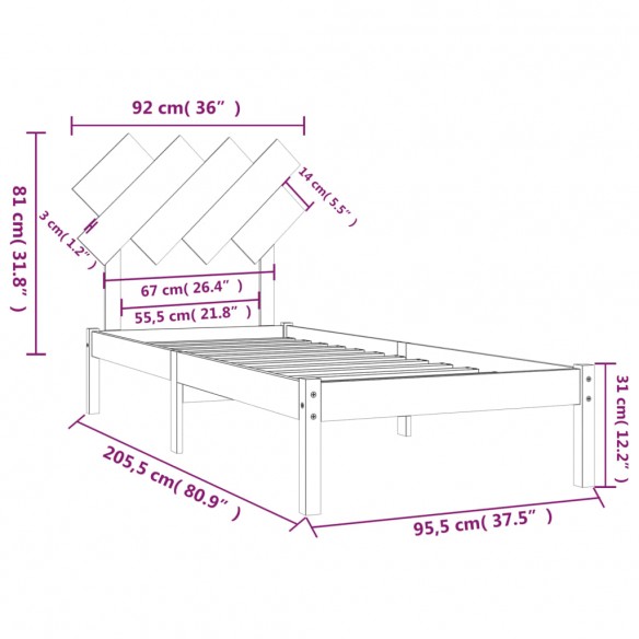 Cadre de lit Gris 90x200 cm Bois massif