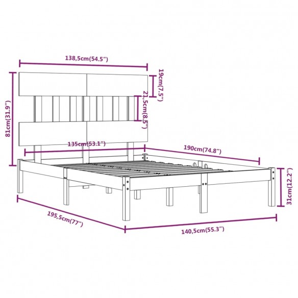 Cadre de lit bois massif 135x190 cm double