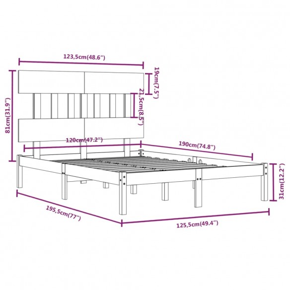 Cadre de lit Marron miel Bois massif 120x190 cm Petit Double