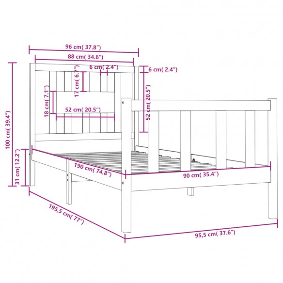 Cadre de lit Noir Bois massif 90x190 cm Simple