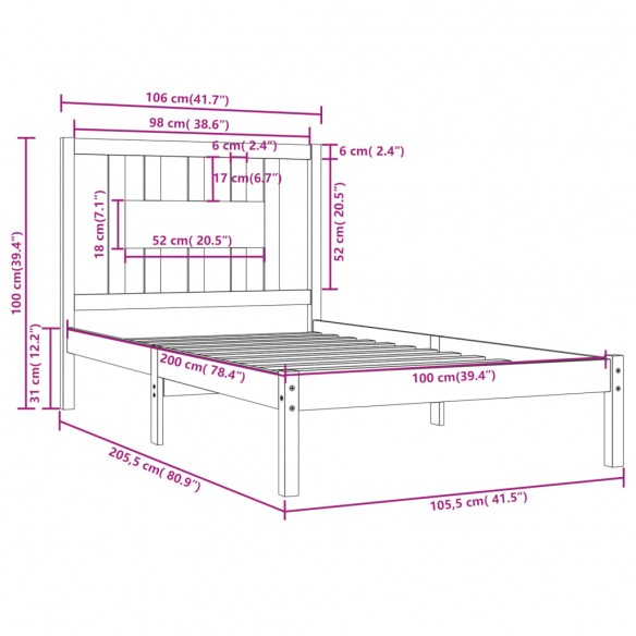 Cadre de lit Gris Bois de pin massif 100x200 cm