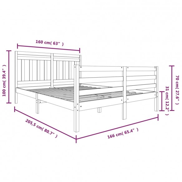 Cadre de lit Gris Bois massif 160x200 cm