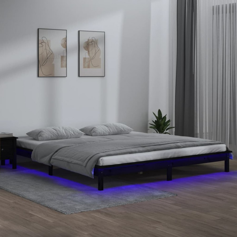 Cadre de lit à LED noir 135x190 cm double bois massif