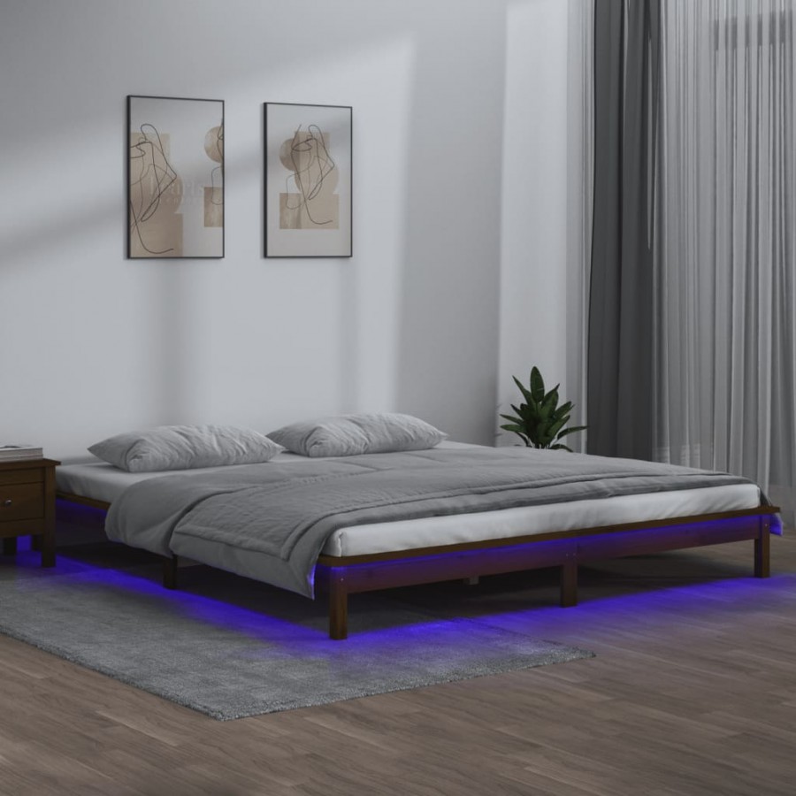 Cadre de lit LED marron miel 120x190cm petit double bois massif