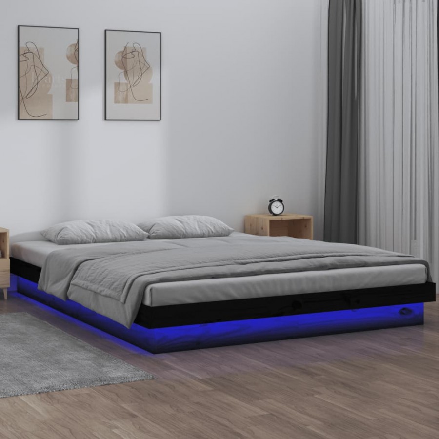 Cadre de lit à LED noir 120x190 cm petit double bois massif