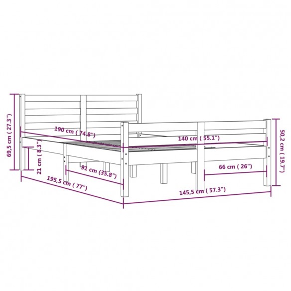 Cadre de lit Bois massif 140x190 cm