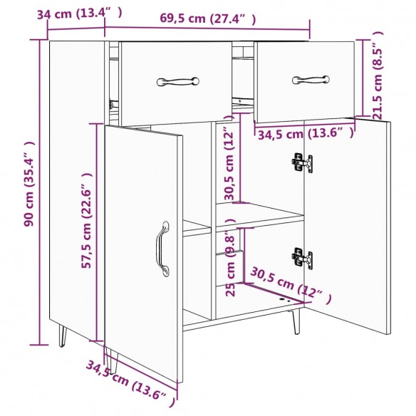 Buffet Blanc brillant 69,5x34x90 cm Bois d'ingénierie