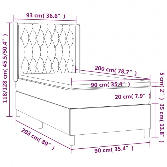 Sommier à lattes de lit avec matelas Gris foncé 90x200 cm Tissu