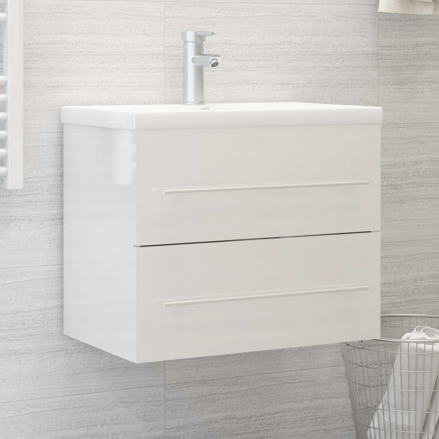 Armoire d'évier avec lavabo intégré Blanc brillant Aggloméré