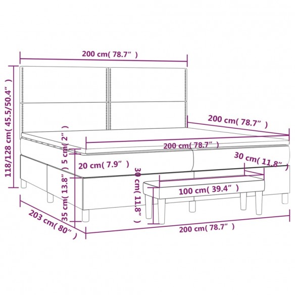 Cadre de lit et matelas Gris clair 200x200cm Velours