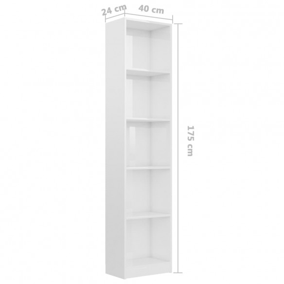 Bibliothèque à 5 niveaux Blanc brillant 40x24x175 cm Aggloméré