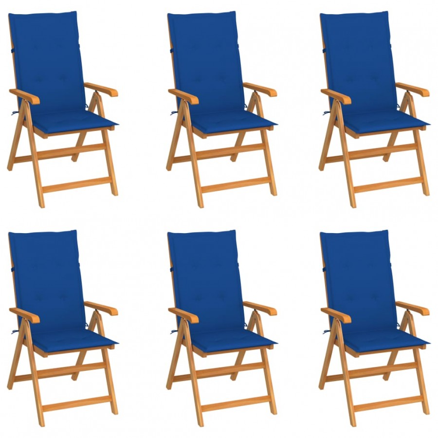 Chaises de jardin 6 pcs avec coussins bleu royal Bois de teck