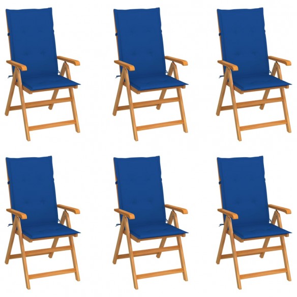 Chaises de jardin 6 pcs avec coussins bleu royal Bois de teck