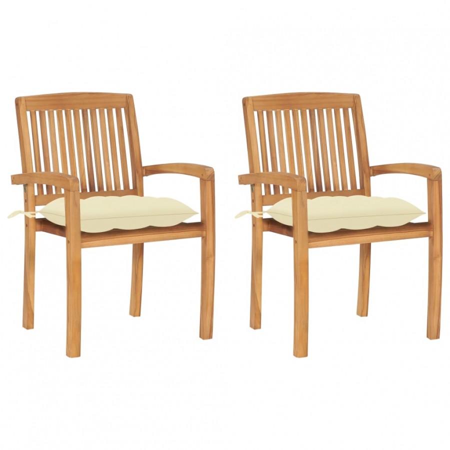 Chaises de jardin 2 pcs avec coussins blanc crème Bois de teck