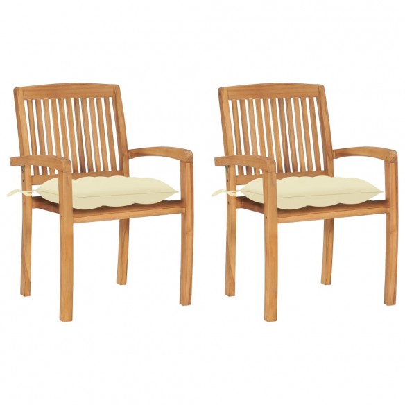 Chaises de jardin 2 pcs avec coussins blanc crème Bois de teck