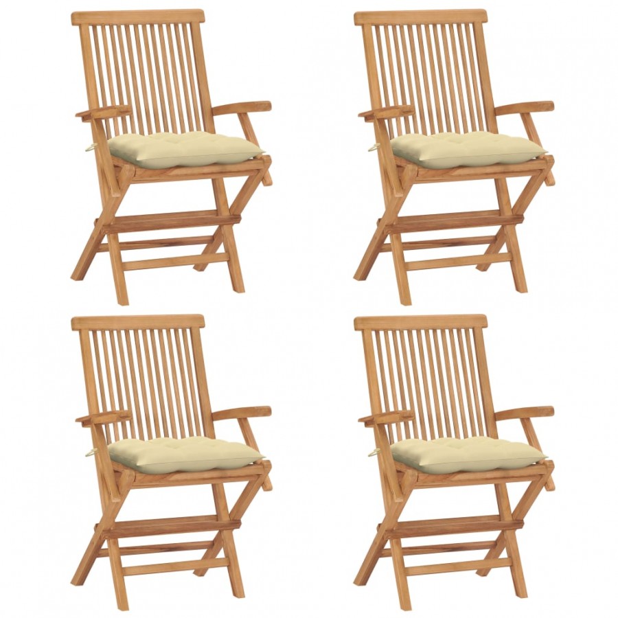 Chaises de jardin avec coussins blanc crème 4 pcs Teck massif