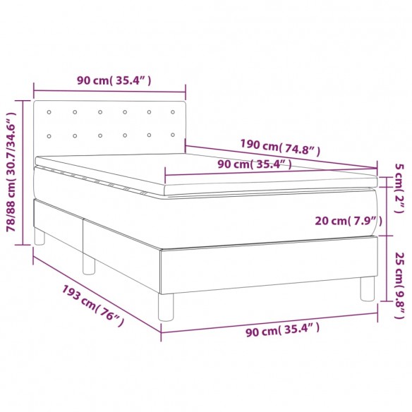 Cadre de lit avec matelas et LED Gris foncé 90x190cm