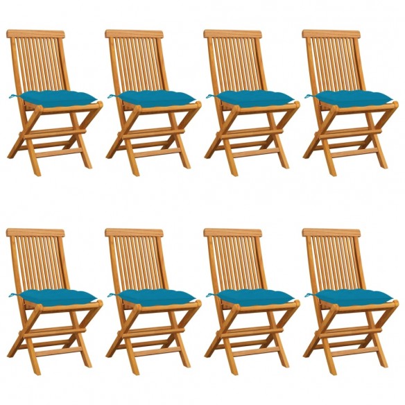 Chaises de jardin avec coussins bleu clair 8 pcs Teck massif