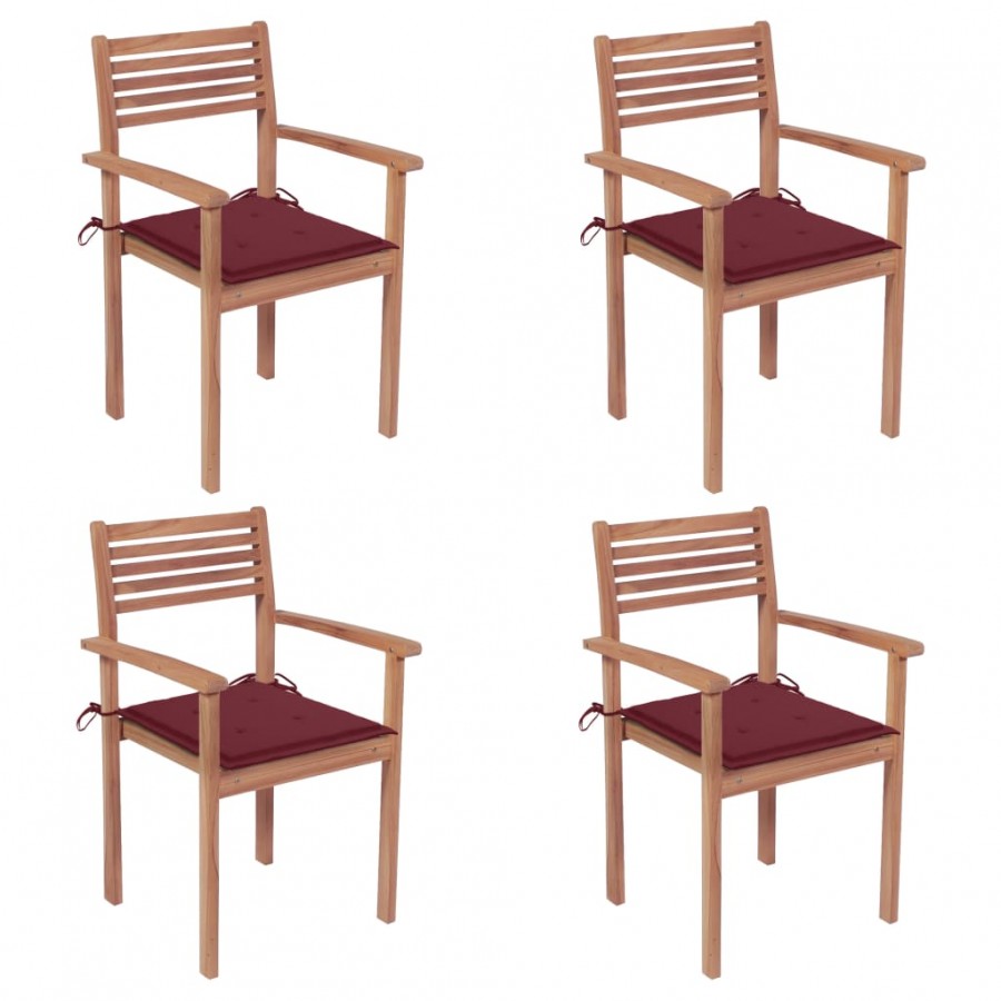 Chaises de jardin 4 pcs avec coussins bordeaux Teck solide