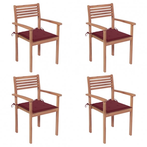 Chaises de jardin 4 pcs avec coussins bordeaux Teck solide