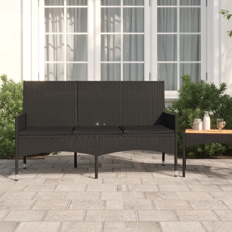 Banc de jardin à 3 places avec coussins Noir Résine tressée