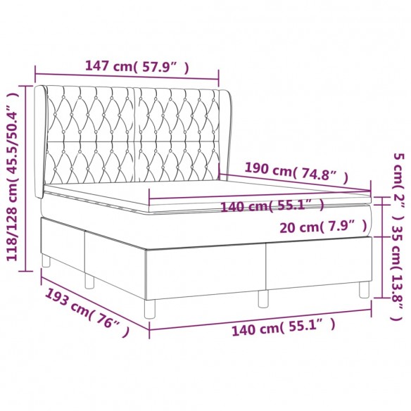 Cadre de lit avec matelas Noir 140x190 cm Tissu