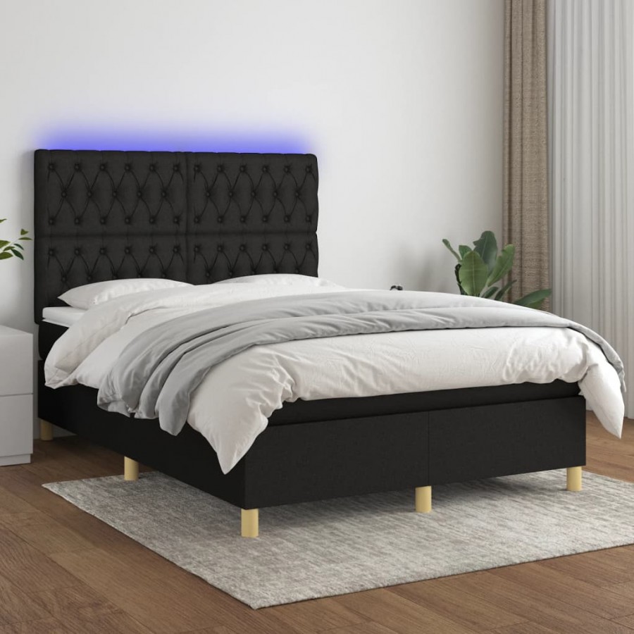 Sommier à lattes de lit et matelas et LED Noir 140x200 cm Tissu