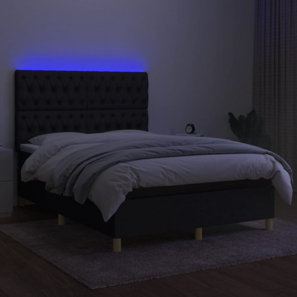 Sommier à lattes de lit et matelas et LED Noir 140x200 cm Tissu