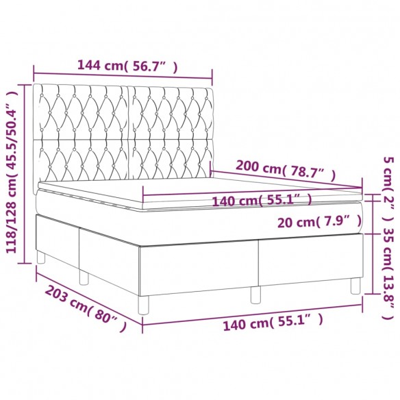 Sommier à lattes de lit et matelas et LED Noir 140x200 cm Tissu