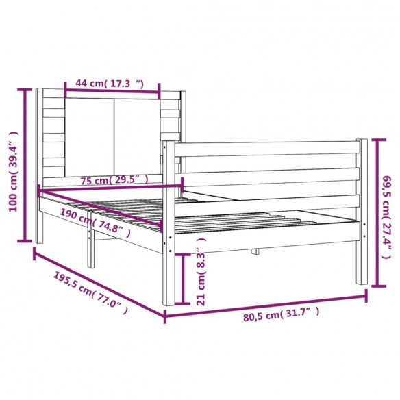 Cadre de lit bois de pin massif 75x190 cm petit simple