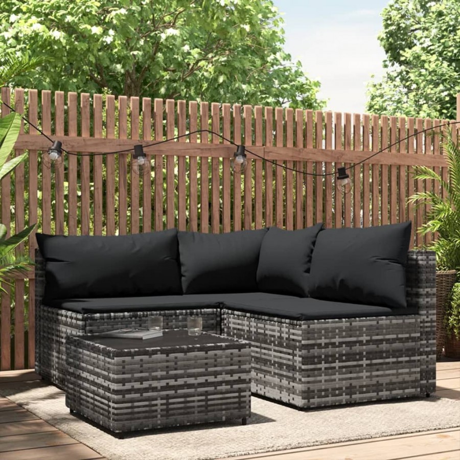 Salon de jardin 4 pcs avec coussins Gris Résine tressée