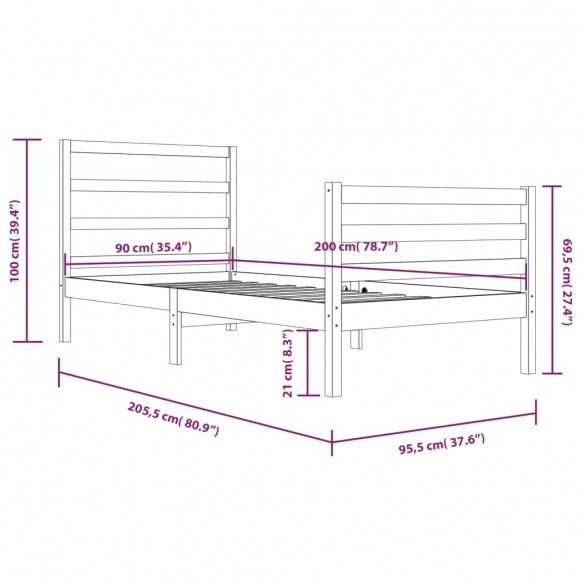 Cadre de lit Bois de pin massif 90x200 cm