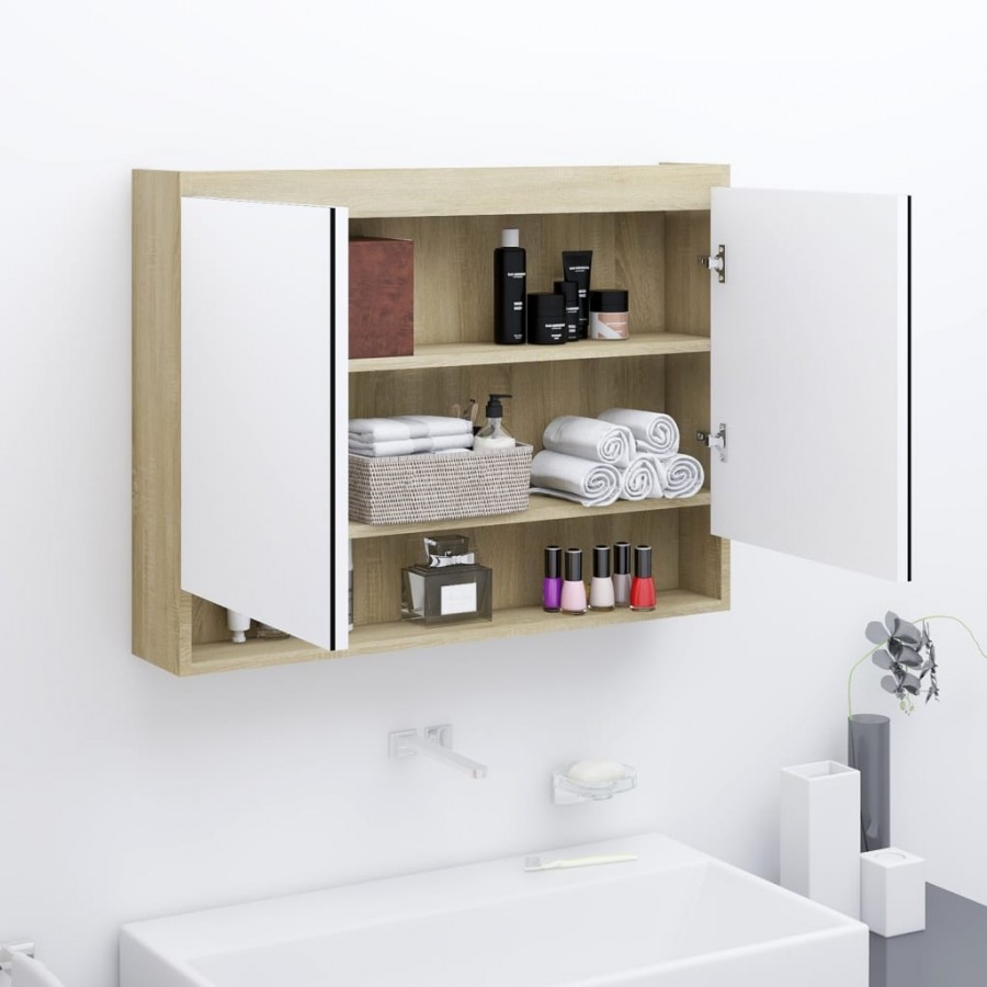 Armoire à miroir de salle de bain 80x15x60cm MDF Blanc et chêne