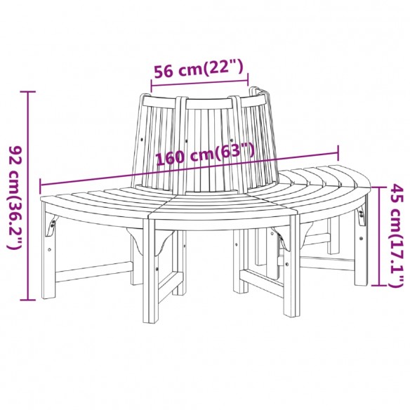 Banc demi-circulaire tour d'arbre Ø160cm bois massif eucalyptus