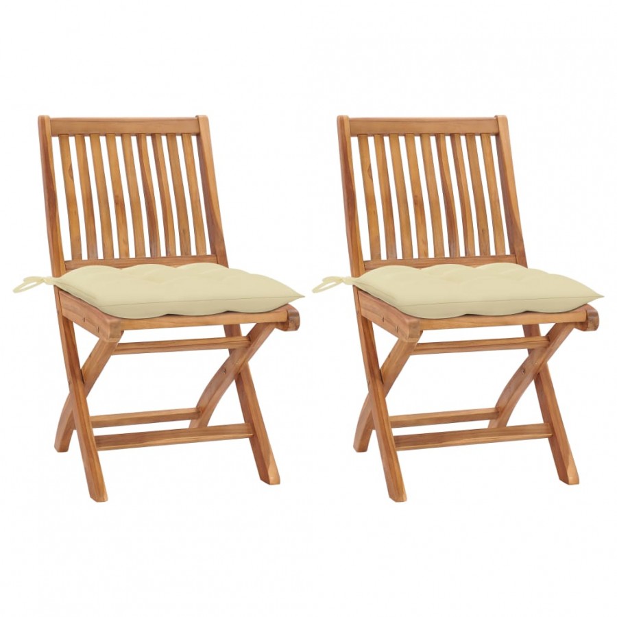 Chaises de jardin 2 pcs avec coussins blanc crème Teck massif