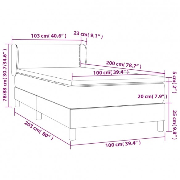 Cadre de lit et matelas Gris clair 100x200cm Velours