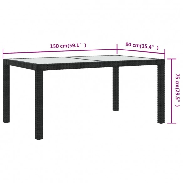 Table de jardin 150x90x75cm Verre trempé et résine tressée Noir