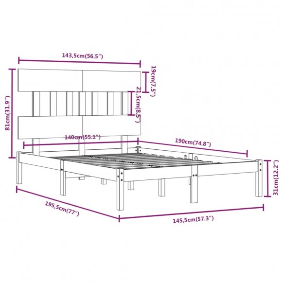 Cadre de lit Blanc Bois massif 140x190 cm