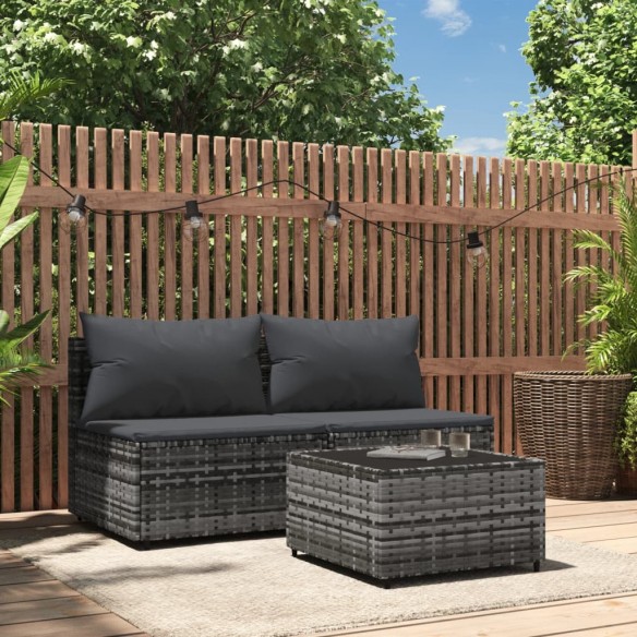 Salon de jardin 3 pcs avec coussins Gris Résine tressée