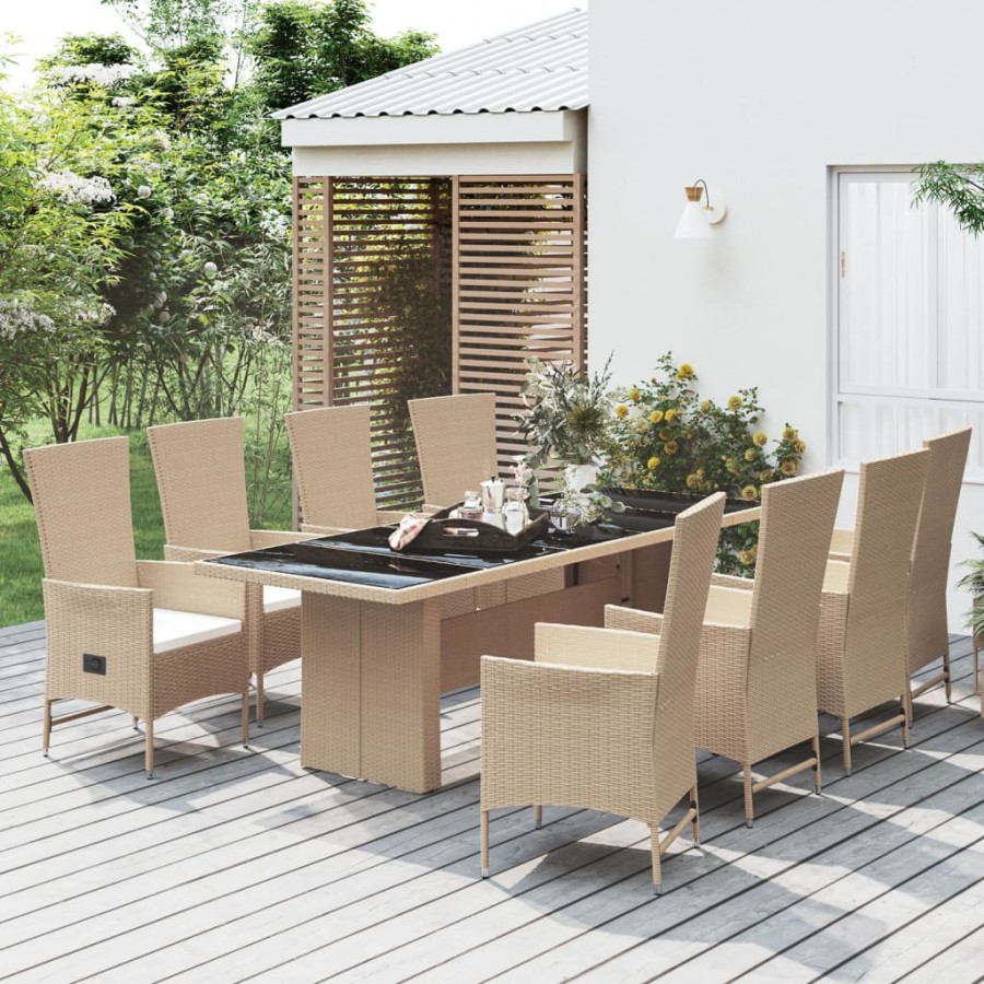 Ensemble à manger de jardin et coussins 9 pcs beige Poly rotin