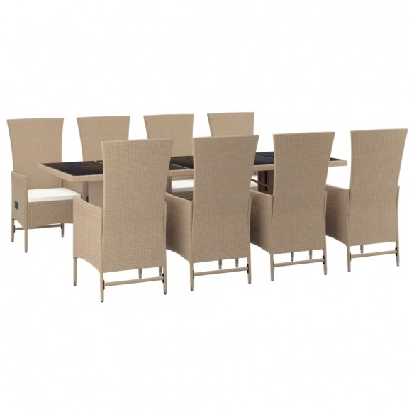 Ensemble à manger de jardin et coussins 9 pcs beige Poly rotin