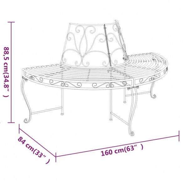 Banc demi-circulaire tour d'arbre 2 pcs Ø160 cm Noir Acier