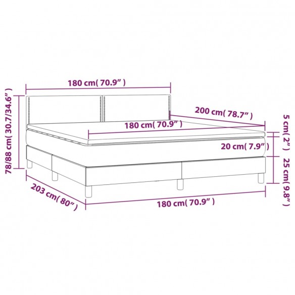 Cadre de lit et matelas et LED Gris clair 180x200 cm