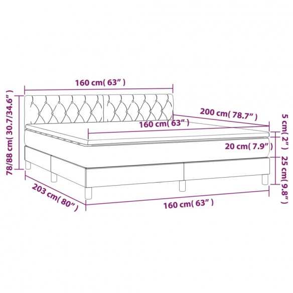 Cadre de lit et matelas et LED Gris foncé 160x200 cm