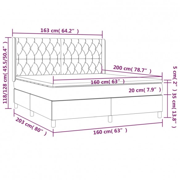 Cadre de lit matelas LED Gris foncé 160x200 cm Tissu