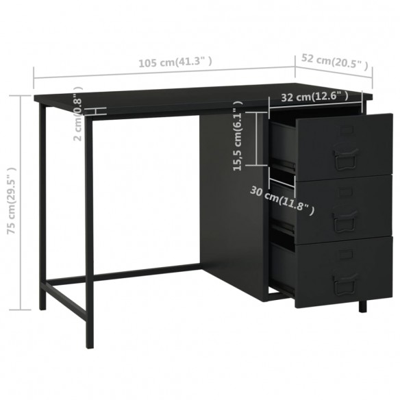 Bureau industriel avec tiroirs Noir 105x52x75 cm Acier