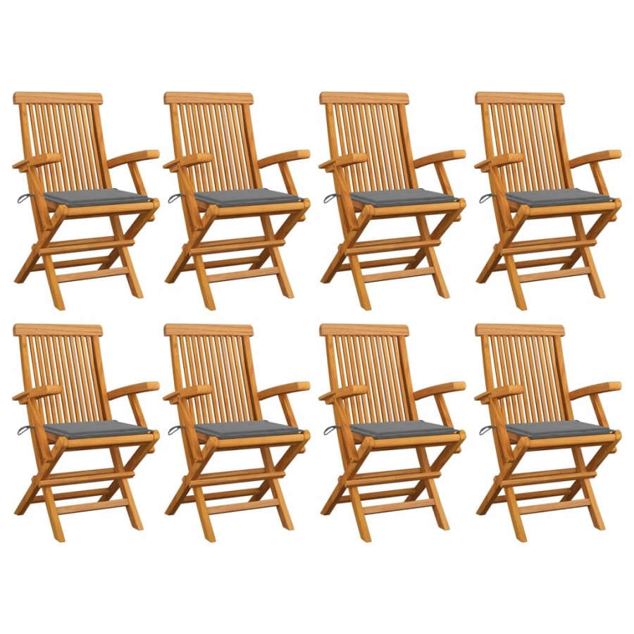 Chaises de jardin avec coussins gris 8 pcs Bois de teck massif