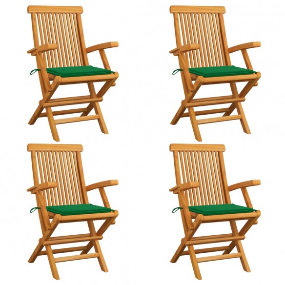 Chaises de jardin avec coussins vert 4 pcs Bois de teck massif