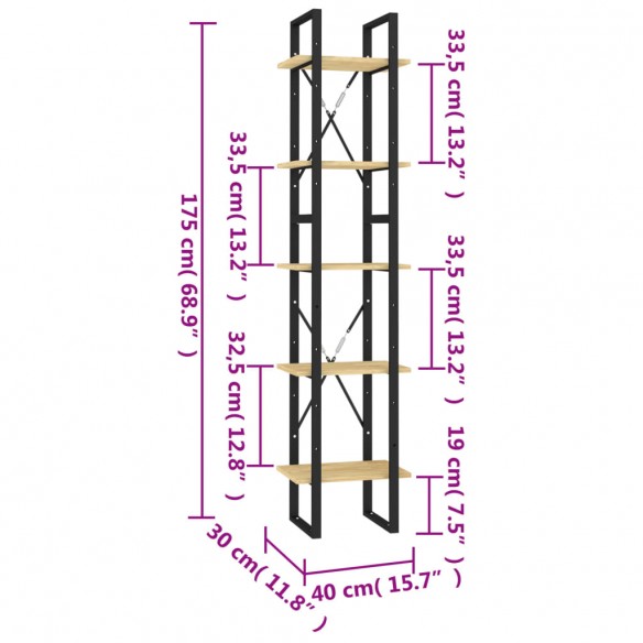 Bibliothèque à 5 niveaux 40x30x175 cm Bois de pin