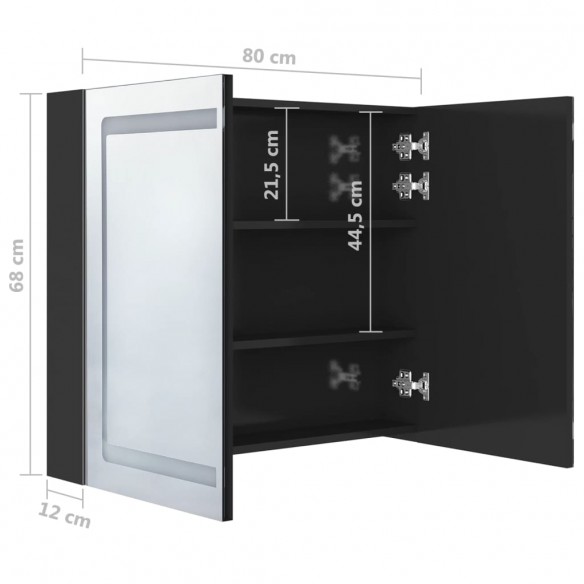 Armoire de salle de bain à miroir LED noir brillant 80x12x68 cm